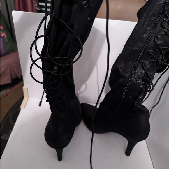 BCBG  zip and lace up heeled boot, feels like soft pony hair but is fabric. - Picture 7 of 9